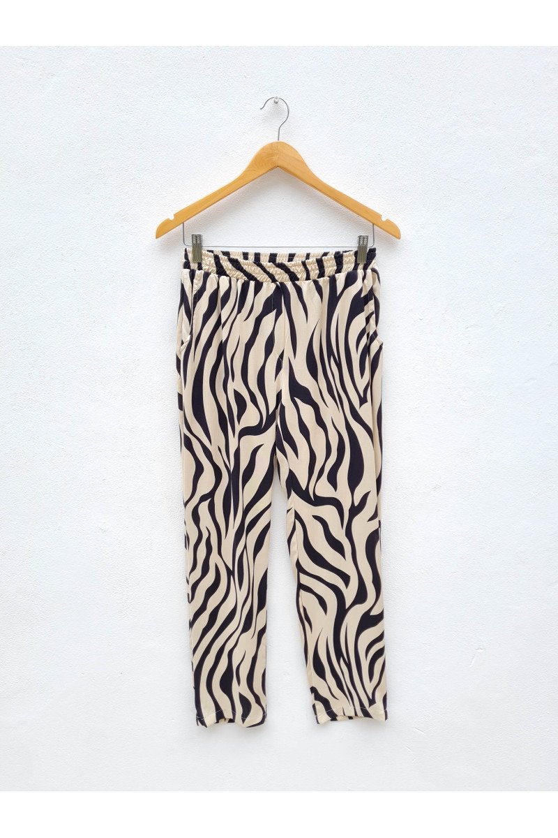 Pantalón de fibrana estampada cebra con elástico, bragueta simulada y bolsillos