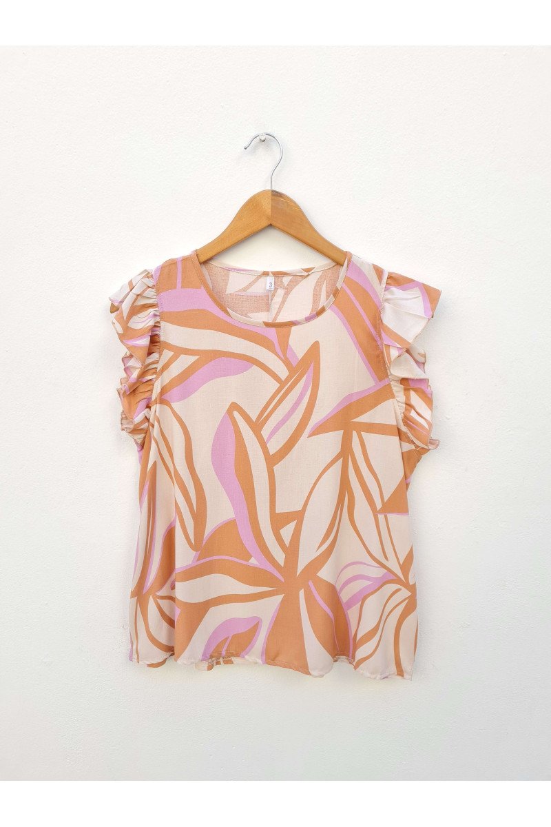 Blusa de fibrana estampada hojas con volados y rulote