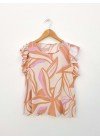 Blusa de fibrana estampada hojas con volados y rulote