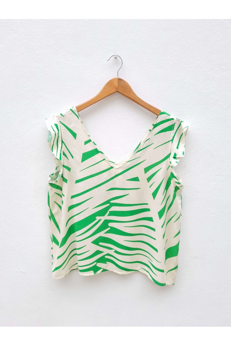Blusa de fibrana estampada abierta en "V" con volados