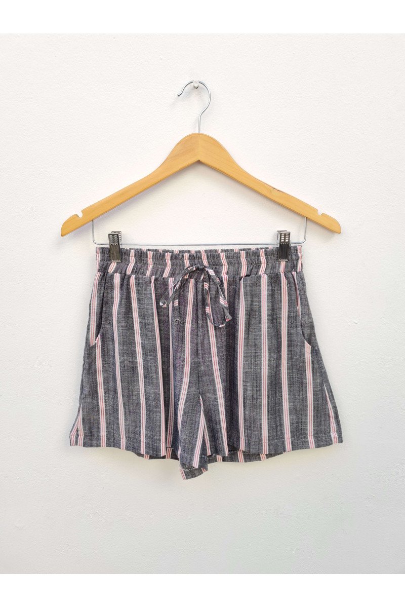 Short de lino estampado rayado con elástico, tiras y bolsillos