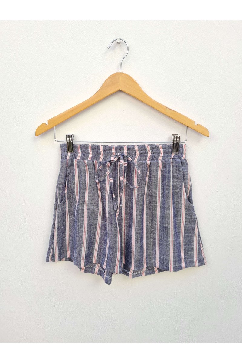 Short de lino estampado rayado con elástico, tiras y bolsillos
