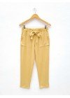 Pantalón de lino elastizado con elástico, lazo, bragueta simulada y bolsillos