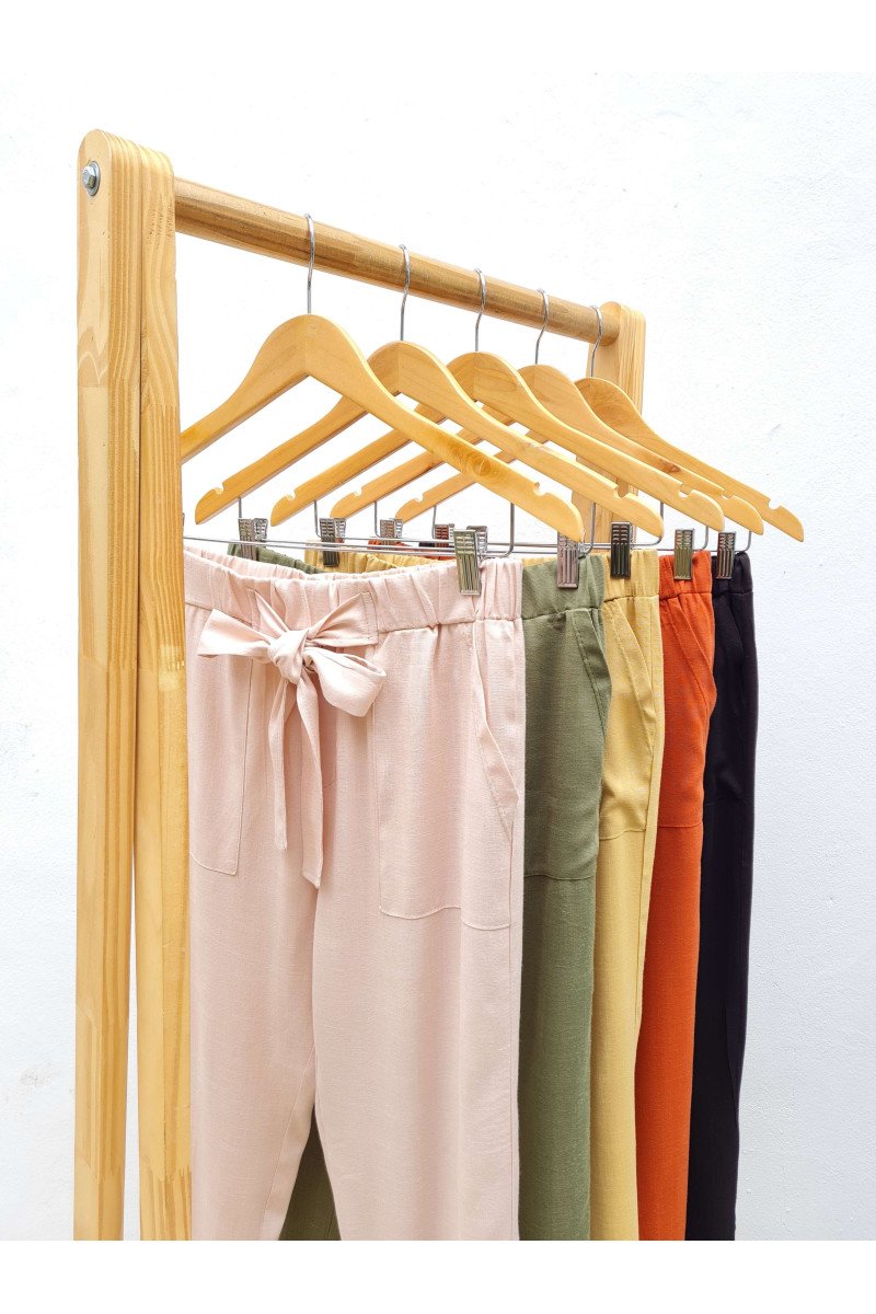 Pantalón de lino elastizado con elástico, lazo, bragueta simulada y bolsillos