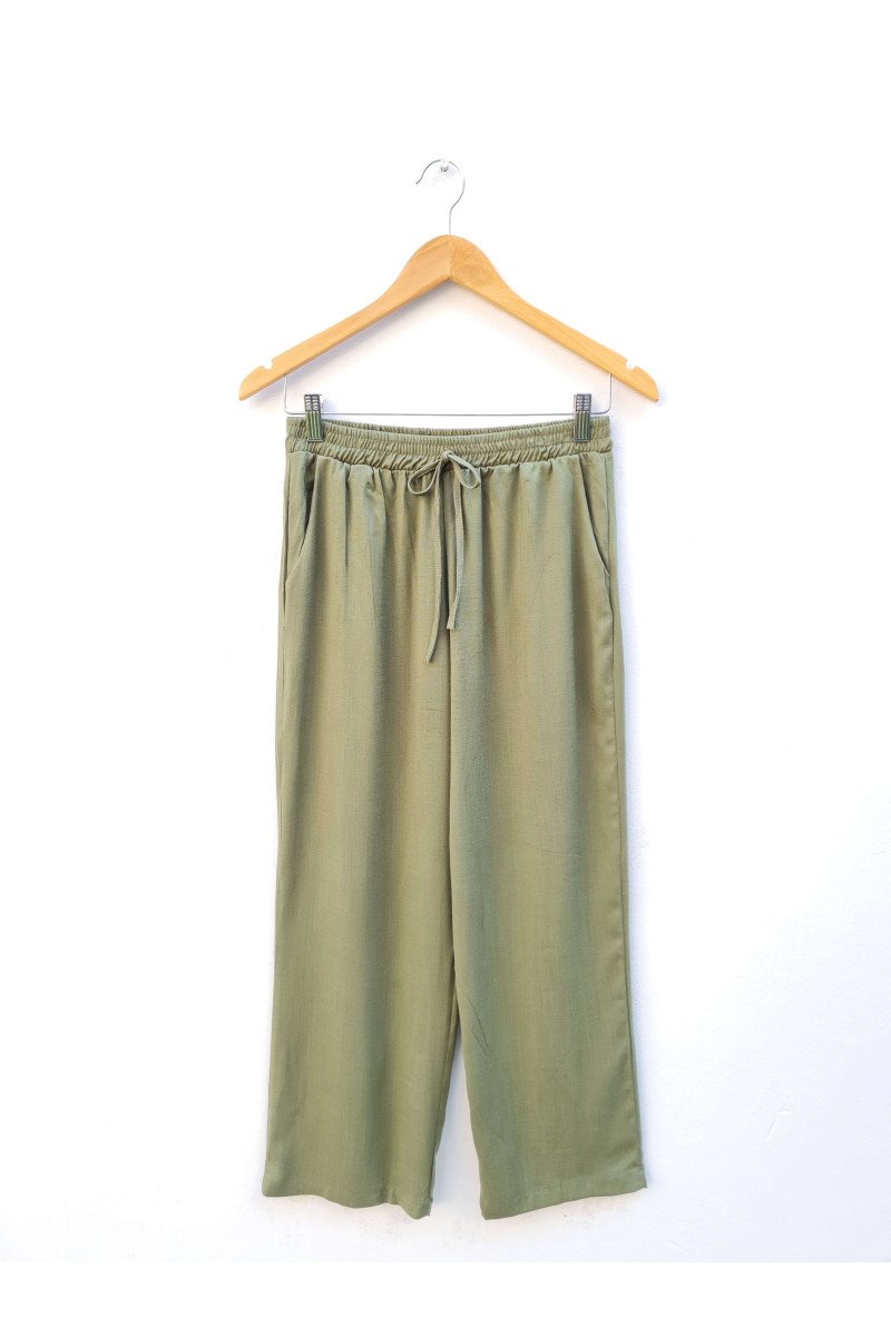 Pantalón de lino elastizado con elástico, tiras y bolsillos