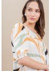 Blusa de fibrana estampada manga princesa con elástico en puños, frunce en el pecho y lágrima