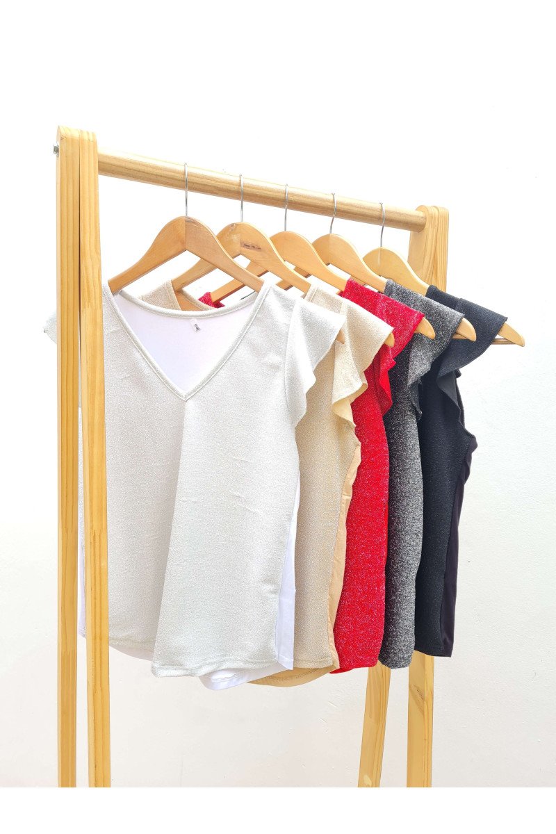 Blusa de lurex con cuello en "V" y volados en mangas