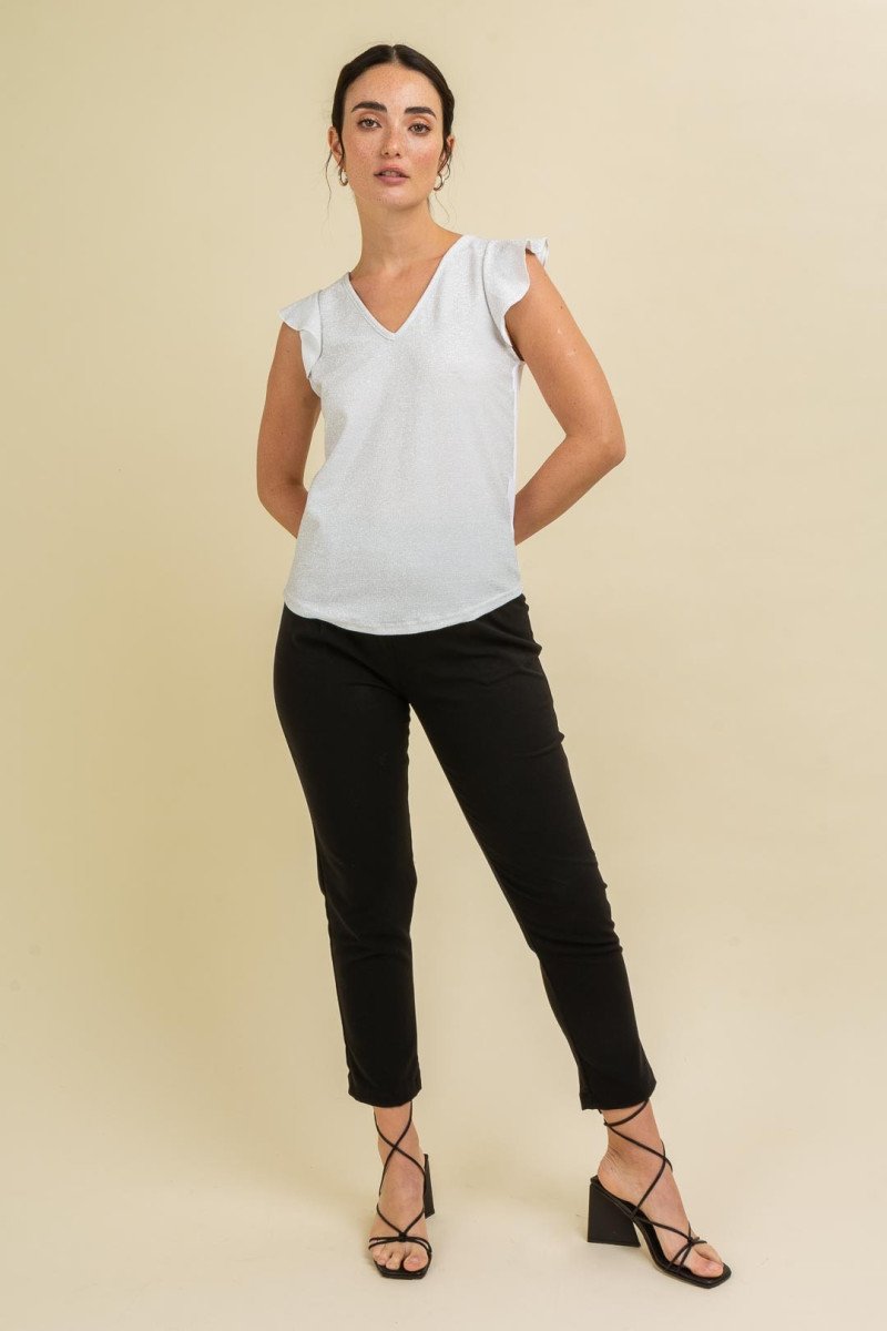 Blusa de lurex con cuello en "V" y volados en mangas