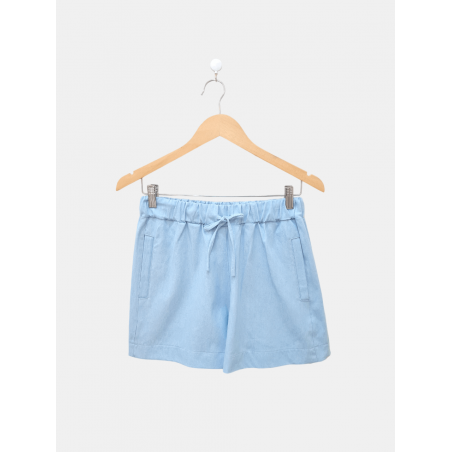 Short de denim con elástico, tiras y bolsillos de ojal vertical