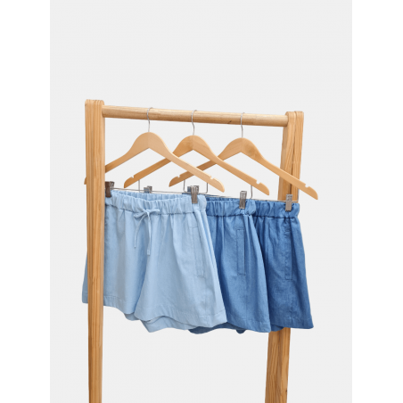 Short de denim con elástico, tiras y bolsillos de ojal vertical