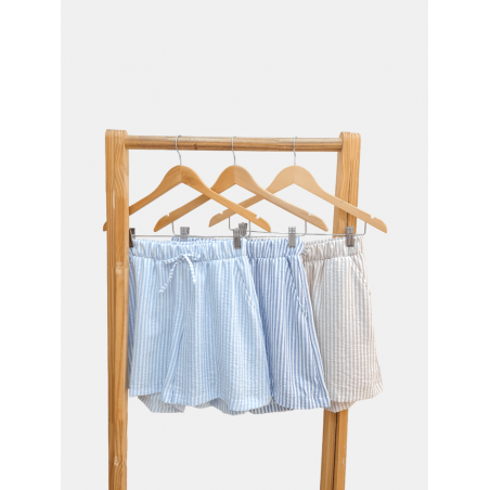 Short de lino rayado con elástico, tiras y bolsillos