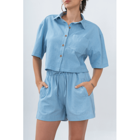 Short de denim con elástico, tiras y bolsillos de ojal vertical