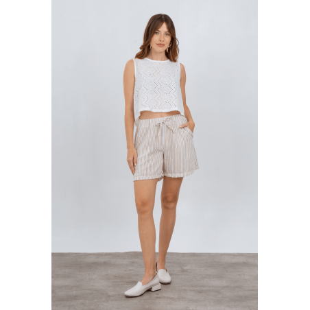 Short de lino rayado con elástico, tiras y bolsillos