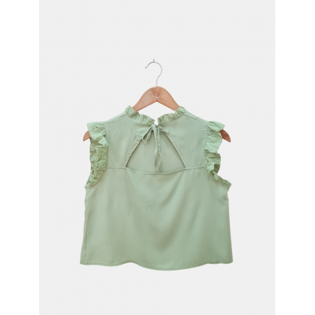 Blusa de poplin con volados en cuello y mangas en broderie, pinzas y tiras en espalda