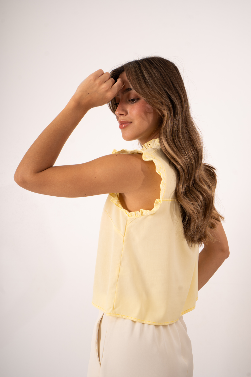 Blusa de poplin con volados en cuello y mangas en broderie, pinzas y tiras en espalda