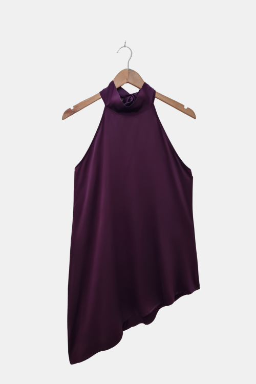 Blusa de satén evasé escote halter con lazo, espalda baja y terminación asimétrica