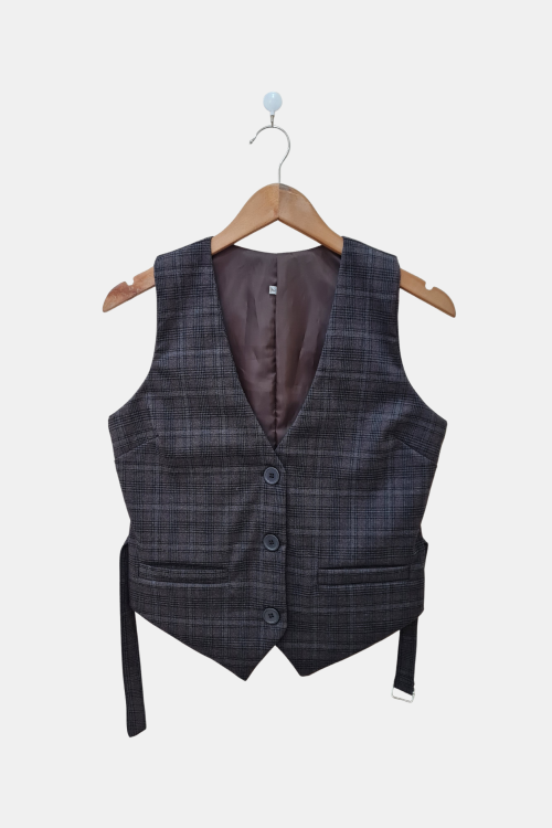 Chaleco sastrero cuadrillé forrado con tiras, hebilla y bolsillos