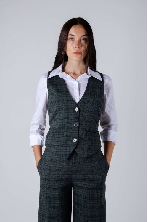 Chaleco sastrero cuadrillé forrado con tiras, hebilla y bolsillos
