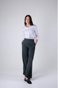 Palazo sastrero cuadrillé ancho con botón y cierre, pinzas y bolsillos