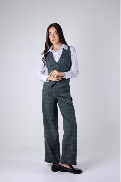 Palazo sastrero cuadrillé ancho con botón y cierre, pinzas y bolsillos