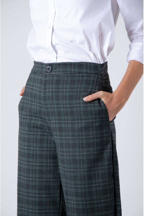 Palazo sastrero cuadrillé ancho con botón y cierre, pinzas y bolsillos