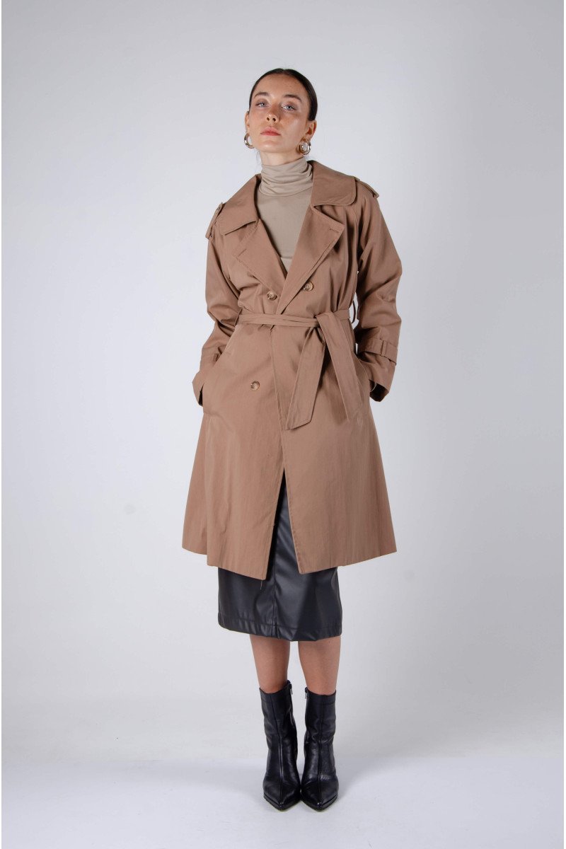 Trench clásico impermeable forrado y cruzado, con charreteras, lazo y bolsillos