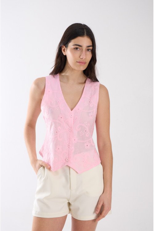 Chaleco de broderie y poplin en espalda con botones